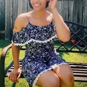 Spring midi dress with shoulder and lace